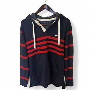 Tommy Hilfiger Hooded Rugby Pullover Sweatshirt Men’s Large Navy Red Stripe